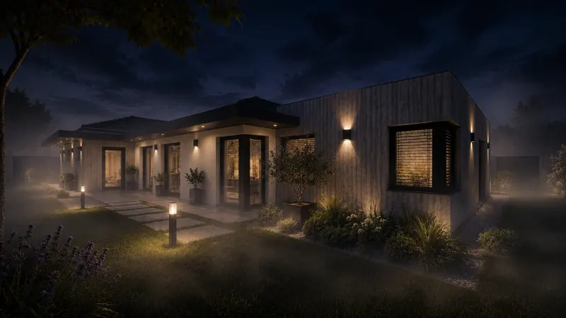 Noční 3D vizualizace luxusního bungalovu s nasvícenou fasádou a osvětlenou vstupní cestou Noční 3D vizualizace luxusního bungalovu s nasvícenou fasádou a osvětlenou vstupní cestou