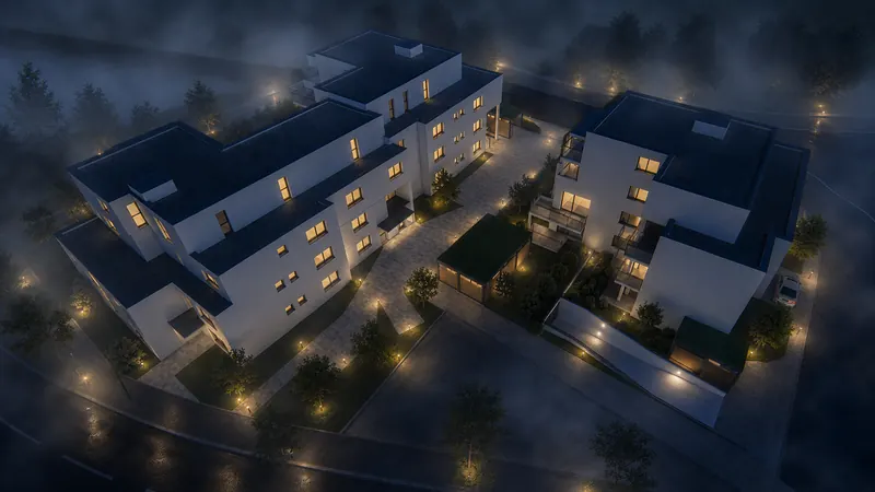 Noční letecká 3D vizualizace komplexu bytových domů z ptačí perspektivy s osvětleným vnitroblokem a komunikacemi Noční letecká 3D vizualizace komplexu bytových domů z ptačí perspektivy s osvětleným vnitroblokem a komunikacemi