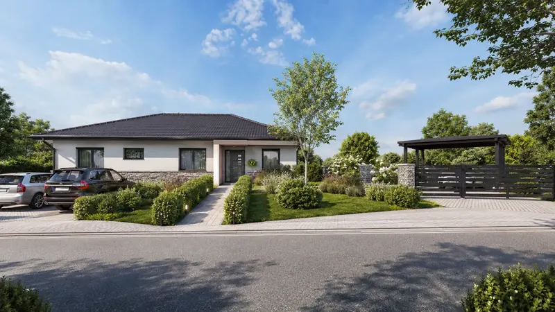 Denní 3D vizualizace moderního bungalovu s kamenným soklem, valbovou střechou, předzahrádkou a dřevěným přístřeškem pro auta Denní 3D vizualizace moderního bungalovu s kamenným soklem, valbovou střechou, předzahrádkou a dřevěným přístřeškem pro auta