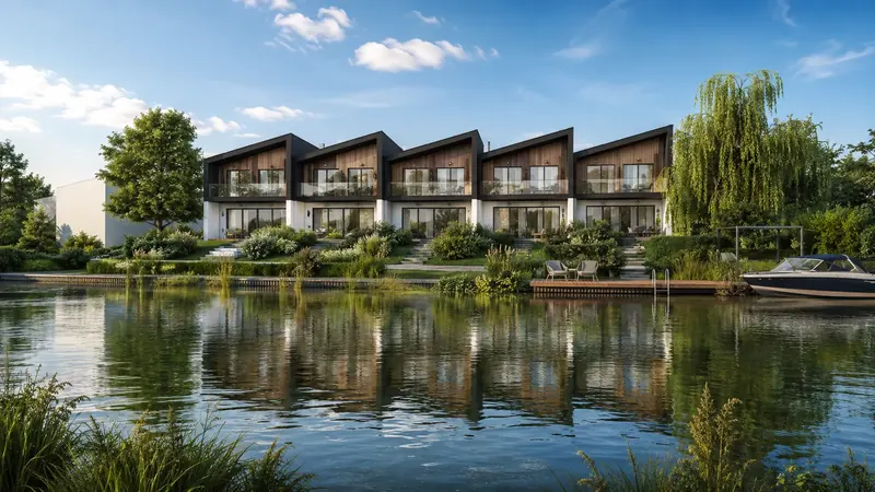 Denní 3D vizualizace apartmánů u vody s dřevěnými fasádami, prosklenými balkony, molem a lodí Denní 3D vizualizace apartmánů u vody s dřevěnými fasádami, prosklenými balkony, molem a lodí