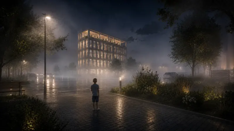 Noční 3D vizualizace administrativní budovy s prosvětlenými kancelářemi, mlhou a mokrou vozovkou Noční 3D vizualizace administrativní budovy s prosvětlenými kancelářemi, mlhou a mokrou vozovkou