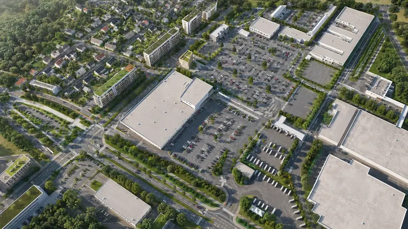 Denní 3D vizualizace obchodního centra z ptačí perspektivy s parkovištěm, komunikacemi a okolní zástavbou Denní 3D vizualizace obchodního centra z ptačí perspektivy s parkovištěm, komunikacemi a okolní zástavbou