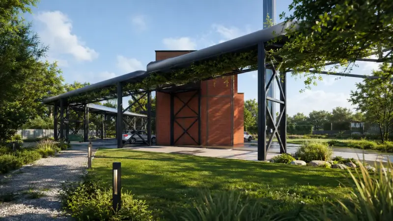 3D vizualizace revitalizace průmyslového areálu s popínavou zelení na ocelové konstrukci a zatravněným parterem 3D vizualizace revitalizace průmyslového areálu s popínavou zelení na ocelové konstrukci a zatravněným parterem