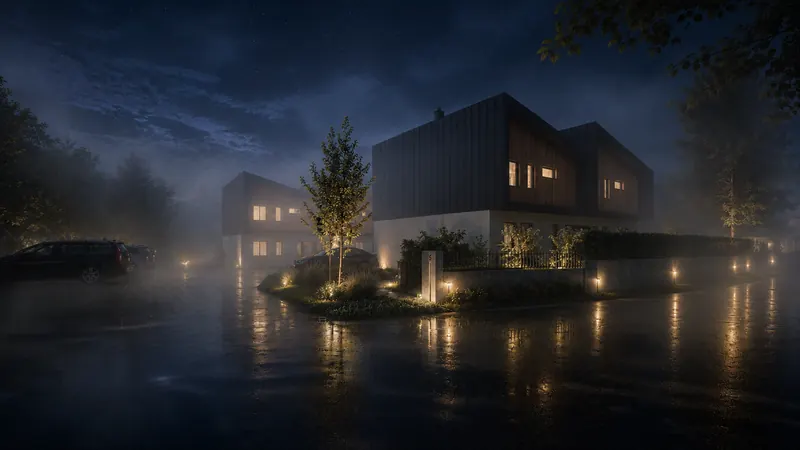 Noční 3D vizualizace apartmánového domu s nasvícenou fasádou, zahradním osvětlením a mokrou vozovkou Noční 3D vizualizace apartmánového domu s nasvícenou fasádou, zahradním osvětlením a mokrou vozovkou
