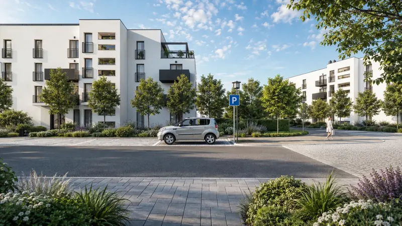 Denní uliční pohled na 3D vizualizaci bytových domů s balkony, parkovacími stáními a zelení Denní uliční pohled na 3D vizualizaci bytových domů s balkony, parkovacími stáními a zelení