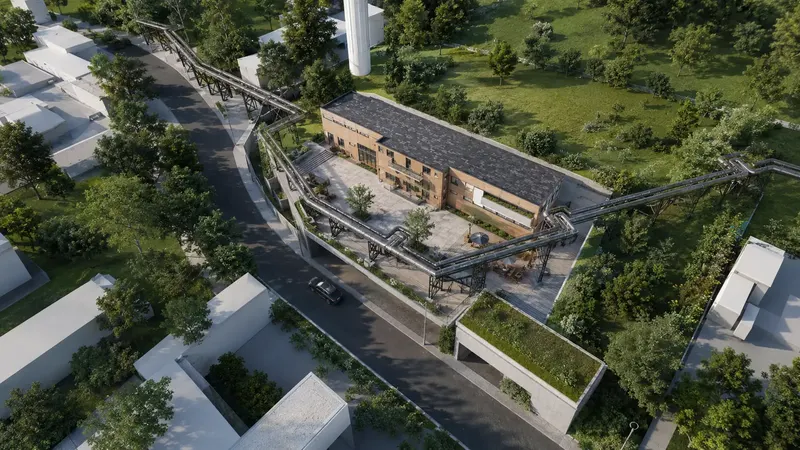 3D vizualizace provozní budovy průmyslového areálu s potrubními mosty a zelenými terasami 3D vizualizace provozní budovy průmyslového areálu s potrubními mosty a zelenými terasami
