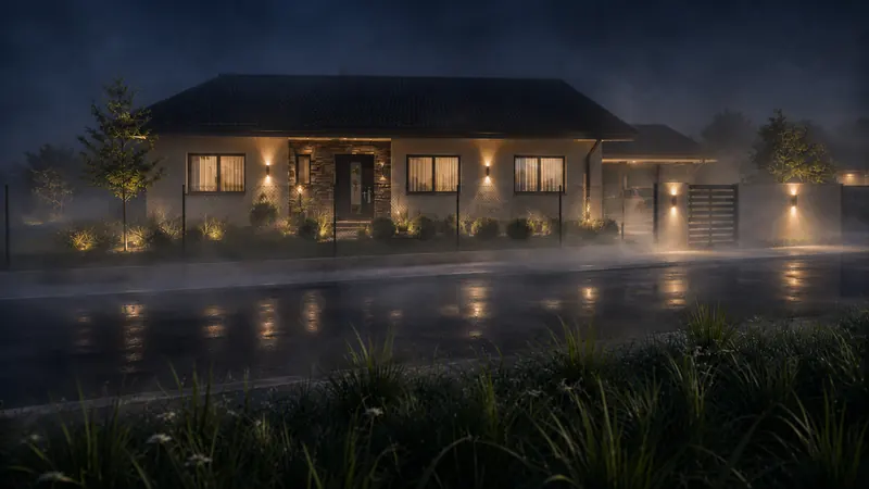 Noční 3D vizualizace bungalovu s nasvícenou fasádou, osvětleným vstupem a mokrou ulicí s odlesky Noční 3D vizualizace bungalovu s nasvícenou fasádou, osvětleným vstupem a mokrou ulicí s odlesky