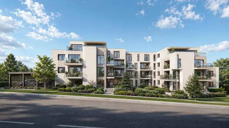 Denní 3D vizualizace moderního bytového domu s balkony, střešní terasou, přístřeškem pro auta a okrasnou zahradou Denní 3D vizualizace moderního bytového domu s balkony, střešní terasou, přístřeškem pro auta a okrasnou zahradou