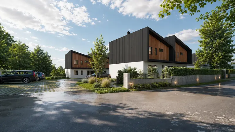 Denní 3D vizualizace apartmánového domu s antracitovou a dřevěnou fasádou, parkováním a zahradní úpravou Denní 3D vizualizace apartmánového domu s antracitovou a dřevěnou fasádou, parkováním a zahradní úpravou