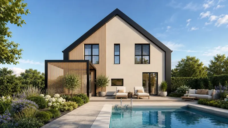 3D návrh exteriéru moderního rodinného domu 3D návrh exteriéru moderního rodinného domu s plochou střechou a velkoformátovým prosklením