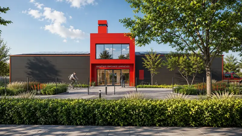 Denní 3D vizualizace nové hasičské zbrojnice Uhříněves s červenou nástupní věží a fotovoltaikou na střeše Denní 3D vizualizace nové hasičské zbrojnice Uhříněves s červenou nástupní věží a fotovoltaikou na střeše