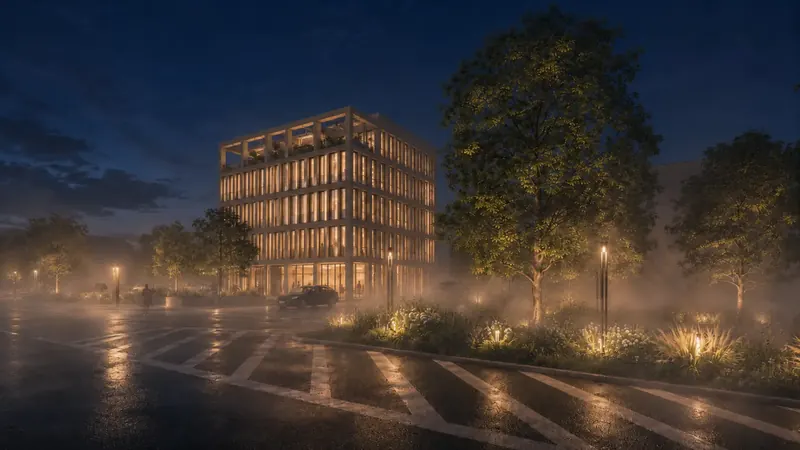Noční 3D vizualizace administrativní budovy z ulice s nasvícenou fasádou a osvětlenými záhony Noční 3D vizualizace administrativní budovy z ulice s nasvícenou fasádou a osvětlenými záhony