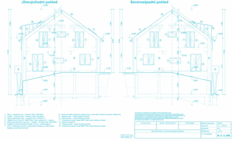 Překreslené boční pohledy – jihovýchodní a severozápadní pohled na štítové stěny domu Překreslené boční pohledy – jihovýchodní a severozápadní pohled na štítové stěny domu