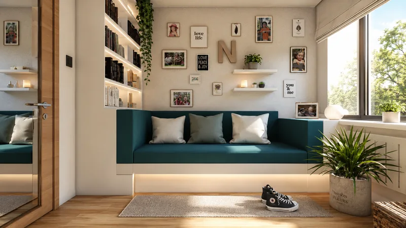 Denní 3D vizualizace dětského pokoje s vestavěnou lavicí, knihovnou a galerií fotografií na stěně Denní 3D vizualizace dětského pokoje s vestavěnou lavicí, knihovnou a galerií fotografií na stěně