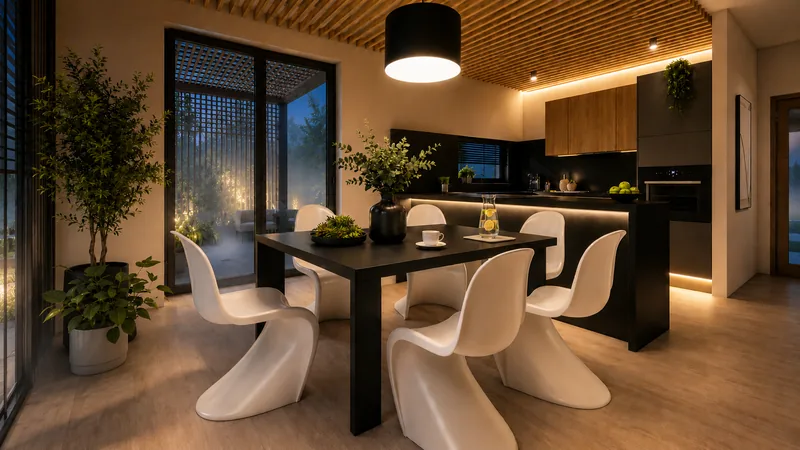Noční 3D vizualizace minimalistické jídelny a kuchyně s teplým LED podsvícením a designovým svítidlem Noční 3D vizualizace minimalistické jídelny a kuchyně s teplým LED podsvícením a designovým svítidlem