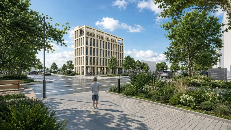 Denní 3D vizualizace moderní administrativní budovy s betonovou fasádou, střešní terasou a městskou zelení Denní 3D vizualizace moderní administrativní budovy s betonovou fasádou, střešní terasou a městskou zelení