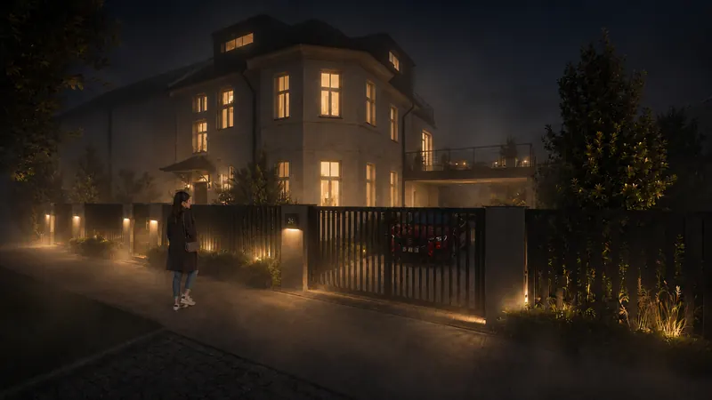 Noční 3D vizualizace rekonstruované vily s rozsvícenými okny a nasvíceným oplocením Noční 3D vizualizace rekonstruované vily s rozsvícenými okny a nasvíceným oplocením