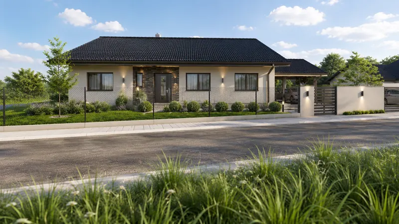 Denní 3D vizualizace přízemního rodinného domu bungalovu s kamenným obkladem vstupu, valbovou střechou a přístřeškem pro auta Denní 3D vizualizace přízemního rodinného domu bungalovu s kamenným obkladem vstupu, valbovou střechou a přístřeškem pro auta
