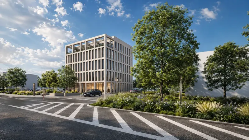 Denní 3D vizualizace administrativní budovy z ulice s přechodem, stromy a květinovými záhony Denní 3D vizualizace administrativní budovy z ulice s přechodem, stromy a květinovými záhony