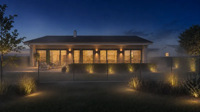 Noční 3D vizualizace moderního bungalovu s teplým osvětlením terasy a nasvícenou zahradou Noční 3D vizualizace moderního bungalovu s teplým osvětlením terasy a nasvícenou zahradou