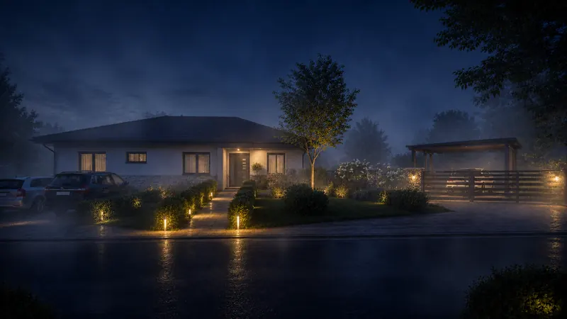 Noční 3D vizualizace moderního bungalovu s osvětleným chodníkem, předzahrádkou a přístřeškem pro auta Noční 3D vizualizace moderního bungalovu s osvětleným chodníkem, předzahrádkou a přístřeškem pro auta