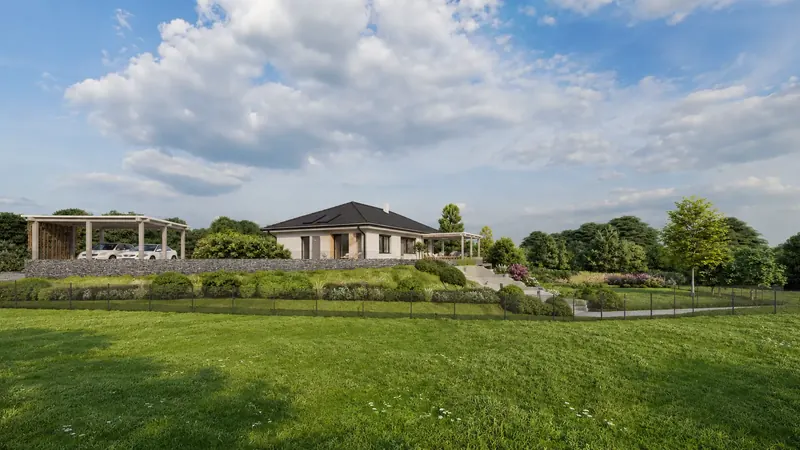 Denní 3D vizualizace rodinného domu ve svahu s gabionovou opěrnou zdí, pergolou a terasovitou zahradou Denní 3D vizualizace rodinného domu ve svahu s gabionovou opěrnou zdí, pergolou a terasovitou zahradou