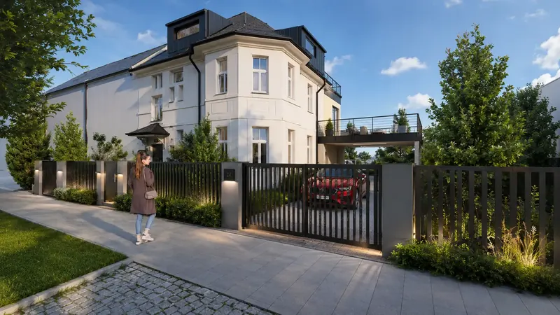 Denní 3D vizualizace rekonstrukce historické vily s novou střešní nástavbou, terasou a moderním plotem Denní 3D vizualizace rekonstrukce historické vily s novou střešní nástavbou, terasou a moderním plotem