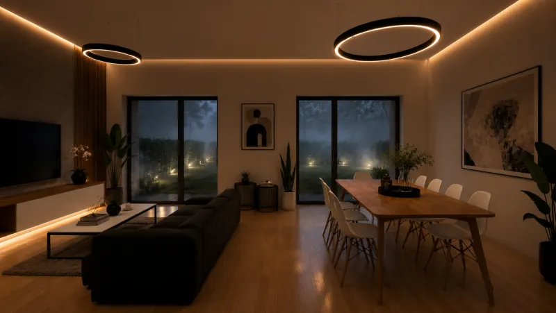 Noční 3D vizualizace moderního obývacího pokoje s jídelnou a teplým nepřímým LED osvětlením Noční 3D vizualizace moderního obývacího pokoje s jídelnou a teplým nepřímým LED osvětlením