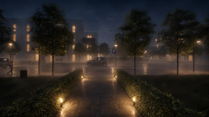 Noční 3D vizualizace ulice developerského projektu s osvětleným chodníkem a mokrou vozovkou Noční 3D vizualizace ulice developerského projektu s osvětleným chodníkem a mokrou vozovkou