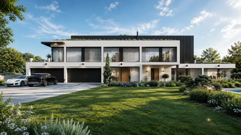3D návrh exteriéru luxusní vily 3D návrh exteriéru luxusní vily s kamenným obkladem a velkými prosklenými plochami