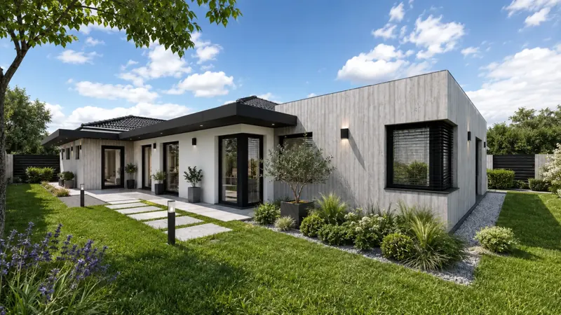 Denní 3D vizualizace luxusního bungalovu s dřevěným obkladem, krytým vstupem a upravenou zahradou Denní 3D vizualizace luxusního bungalovu s dřevěným obkladem, krytým vstupem a upravenou zahradou