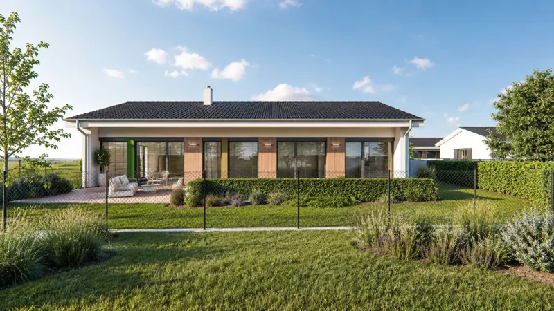 3D návrh exteriéru bungalovu s dřevěnou fasádou 3D návrh exteriéru bungalovu s dřevěným obkladem fasády a terasou