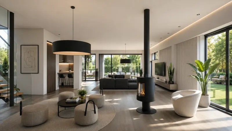 Denní 3D vizualizace luxusního otevřeného obývacího pokoje s designovým krbem, prosklenými stěnami a výhledem do zahrady Denní 3D vizualizace luxusního otevřeného obývacího pokoje s designovým krbem, prosklenými stěnami a výhledem do zahrady