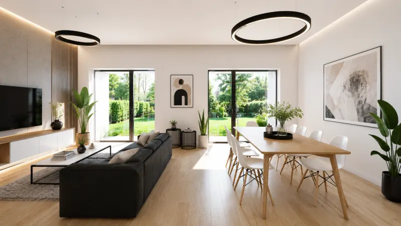 3D návrh moderního interiéru obývacího pokoje s designovým nábytkem
