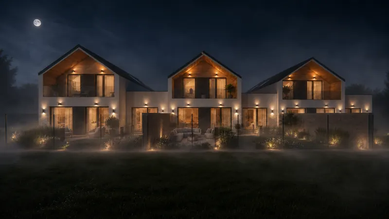 Noční 3D vizualizace moderních řadových domů s prosvětlenými okny, nasvícenými fasádami a mlhou nad zahradou Noční 3D vizualizace moderních řadových domů s prosvětlenými okny, nasvícenými fasádami a mlhou nad zahradou