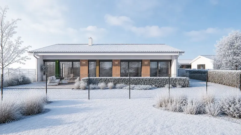 Zimní 3D vizualizace moderního bungalovu se zasněženou zahradou a jinovatkou na okrasných travinách Zimní 3D vizualizace moderního bungalovu se zasněženou zahradou a jinovatkou na okrasných travinách